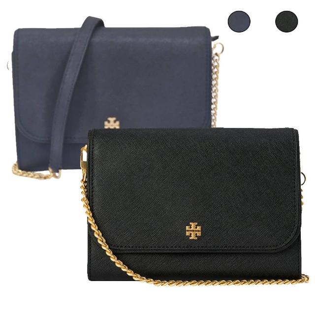 【TORY BURCH】TORY BURCH Emerson防刮皮革金屬LOGO鍊帶WOC斜背包(黑色/藍色/送禮)