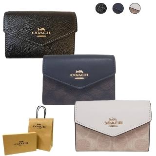 【COACH】COACH 新款金屬LOGO皮革信封式卡夾(黑色拚深咖啡/米白拚奶茶)