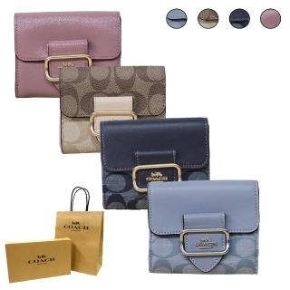 【COACH】Morgan 新款香佈雷緹花LOGO金屬釦飾零錢袋皮革短夾 咖色.單寧藍.淺藍.粉色(贈原廠紙盒紙袋)