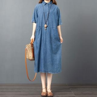 【AKARA】春夏刷色薄款中長裙五分袖牛仔洋裝(M-2XL /中大尺碼 / 淺色 /含運)