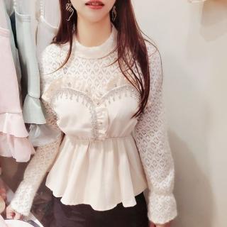 【BBHONEY】韓國東大門 小高蕾絲領 水鑽吊帶拼接上衣(S-XL)