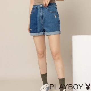 【PLAYBOY】復古高腰水洗牛仔短褲(牛仔藍色)