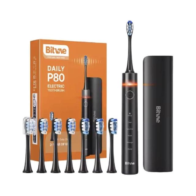 Bitvae P80 超音波振動式電動牙刷，採用40,000 VPM高頻振動，深入清潔牙齒並保護牙齦。配備5種潔牙模式（清潔、敏感、護齦、美白、柔動），適合成人使用。包含8個PV80刷頭，IPX7防水設計，USB充電2小時續航30天，智慧定時器確保專業刷牙。輕巧0.8kg，中國製造，1年保固，完美提升口腔衛生。