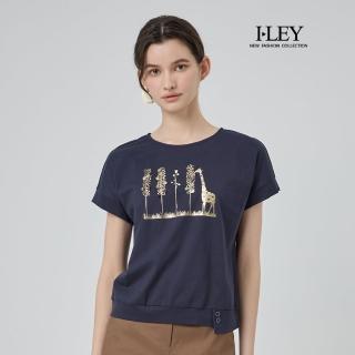 【ILEY 伊蕾】亮片長頸鹿印花棉質上衣(深藍；M-2L；1252191201)
