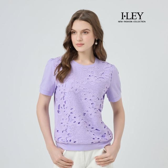 【ILEY 伊蕾】縷空蕾絲刺繡棉質上衣(淺紫；M-XL；1252261203)