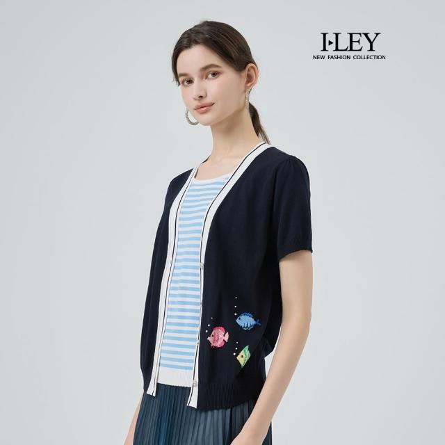【ILEY 伊蕾】撞色門襟假兩件棉質針織上衣(深藍；M-2L；1251405417)