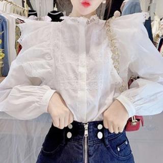 【BBHONEY】韓風 甜美蕾絲拼接荷葉邊雕花簍空立領襯衫上衣(公主風上衣)