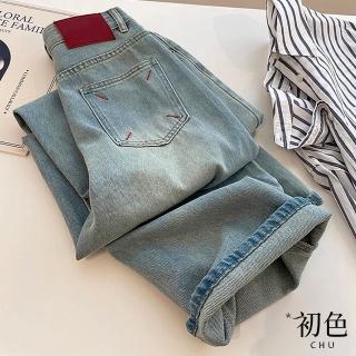【初色】復古撞色刺繡高腰直筒闊腿休閒牛仔褲寬褲長褲-淺藍色-11198(M-2XL可選)