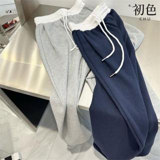 【初色】美式復古撞色寬鬆顯瘦拼接抽繩高腰闊腿運動休閒褲寬褲長褲-共3色-11215(M-2XL可選)