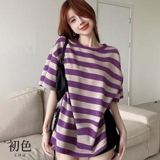 【初色】簡約中長款撞色條紋寬鬆圓領短袖T恤上衣女上衣-共2色-11204(M-4XL可選)