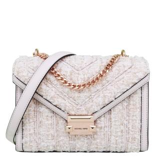 【Michael Kors】WHITNEY系列 小香風 毛尼拼接皮革 斜揹包 / 側揹包 / 肩揹包(清新白)