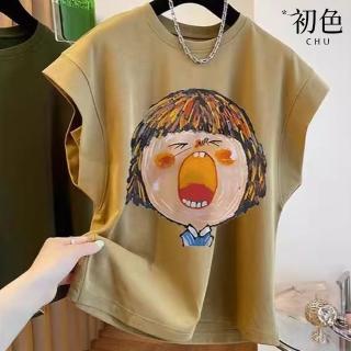 【初色】休閒風寬鬆純色童趣印花正肩圓領飛飛袖T恤上衣女上衣-共5色-11217(M-2XL可選)