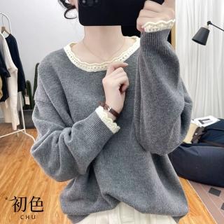 【初色】韓版純色花邊蕾絲圓領寬鬆打底針織長袖上衣女上衣-共5色-11098(F可選)