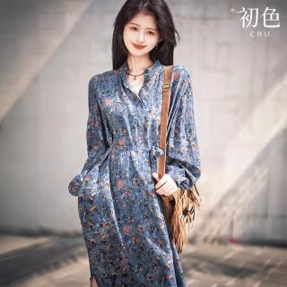 【初色】鄉村風碎花印花木耳邊寬鬆腰身綁帶長袖連衣裙連身洋裝長洋裝-花色-11233(M-XL可選)
