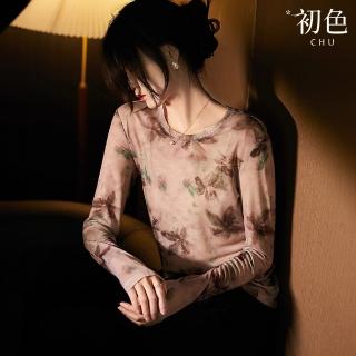 【初色】復古修身水墨花色暈染網紗蕾絲圓領長袖內搭打底衫襯衫上衣女上衣-共2色-11230(M-XL可選)