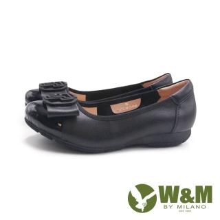 【W&M】女 牛皮圓片造型彈力包邊厚底娃娃鞋 女鞋(黑色)