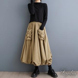【Lydia】現貨 燈籠裙 中長裙 時尚新款花苞口袋設計雙層拼接工藝設計蓬蓬裙(三色可選)