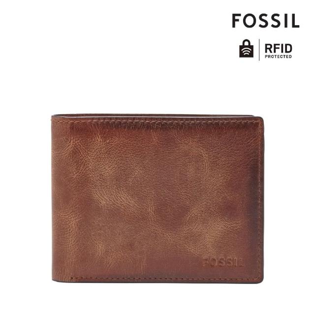 【FOSSIL 官方旗艦館】Derrick 棕色真皮帶翻轉證件格RFID皮夾 男 短夾ML3681200(禮盒組附鐵盒)
