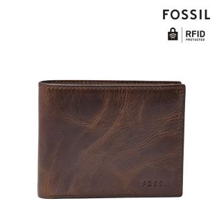 【FOSSIL 官方旗艦館】Derrick 真皮帶翻轉證件格RFID皮夾 男 短夾-深咖啡 ML3681201(禮盒組附鐵盒)