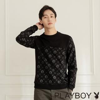 【PLAYBOY】拼接滿版印圓領上衣(黑色)