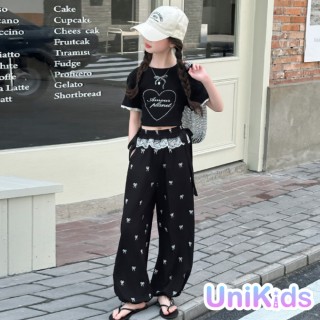 【UniKids】中大童裝短袖T恤 蝴蝶結愛心蕾絲花邊袖口上衣 女大童裝 VPX2520(上衣)