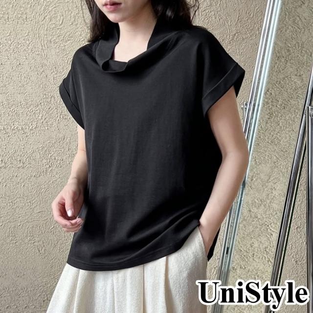 【UniStyle】短袖T恤 韓版堆堆領顯瘦盪領上衣 女 UV2878(黑)