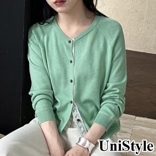 【UniStyle】長袖針織衫 韓版蕾絲邊單排釦小外套上衣 女 UVss715(清水綠)