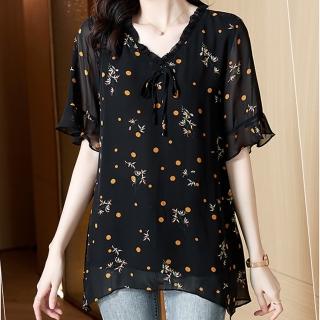【麗質達人】6179黑色碎花上衣-LY(L-5XL)