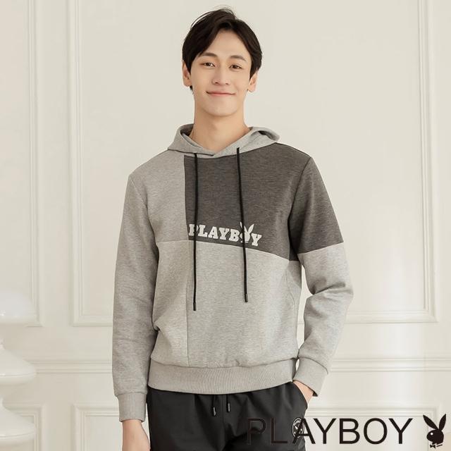 【PLAYBOY】舒適撞色拼接連帽衛衣(灰色)