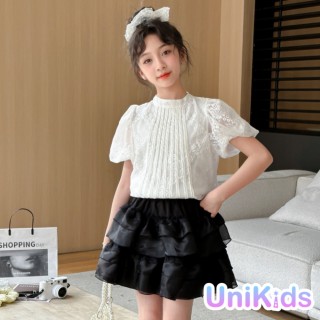 【UniKids】中大童裝蕾絲短袖襯衫 泡泡袖上衣 女大童裝 VPLBB-1640(白上衣)