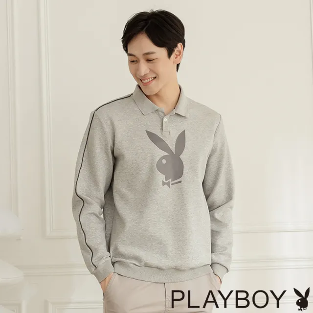 【PLAYBOY】POLO領兔頭紋理印上衣(灰色)