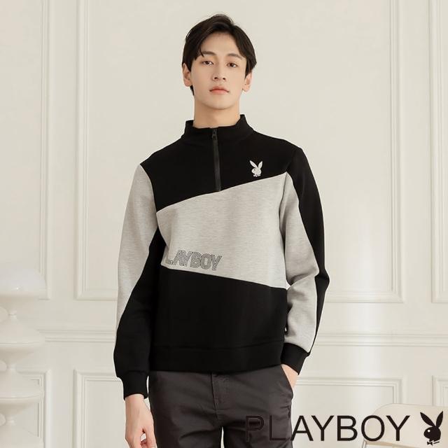 【PLAYBOY】半開襟立領色塊上衣(黑色)
