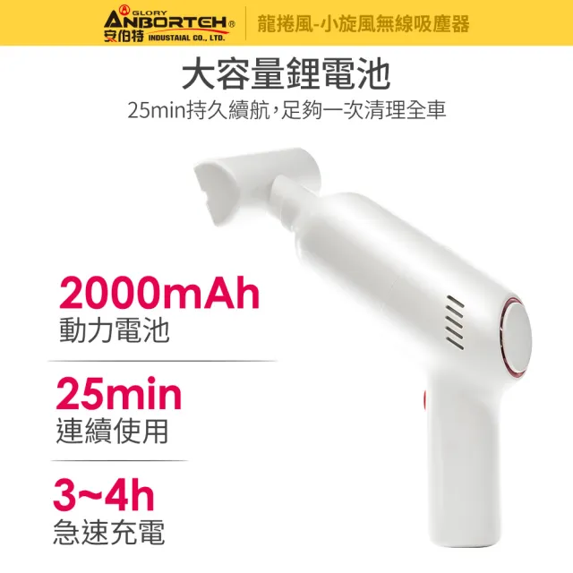 【ANBORTEH 安伯特】小旋風車用吸塵器 國家認證 一年保固-快(無線手持 車家兩用 強勁吸力 USB充電)