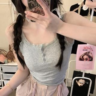 【D.studio】韓版蕾絲吊帶美背背心(帶胸墊免穿內衣小可愛女裝衣服短版上衣小背心夏天女裝運動背心 V359)