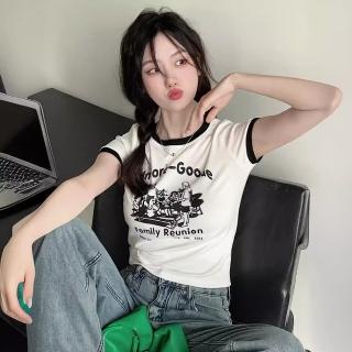 【D.studio】韓版修身顯瘦撞色圖案短袖上衣(短版上衣顯瘦上衣衣服夏天女裝短板上衣短版t恤女裝 T620)