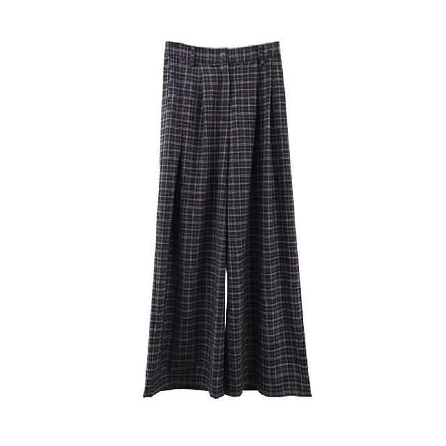 【米蘭精品】現貨+預購 寬管褲休閒長褲(格紋垂感抗皺復古女褲子2色74kr40)