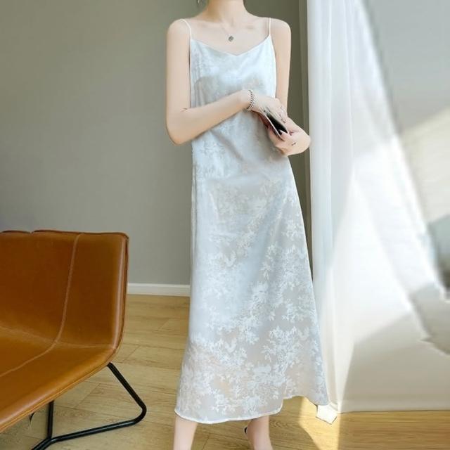 【巴黎 】  絲質洋裝緞面長裙絲綢洋裝天絲細肩帶連身裙 提花V領絲滑女裙子3色a1iz71 