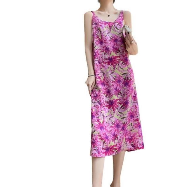 【巴黎 】  絲質洋裝緞面長裙絲綢洋裝天絲細肩帶連身裙 印花吊帶過膝女裙子a1iz45 