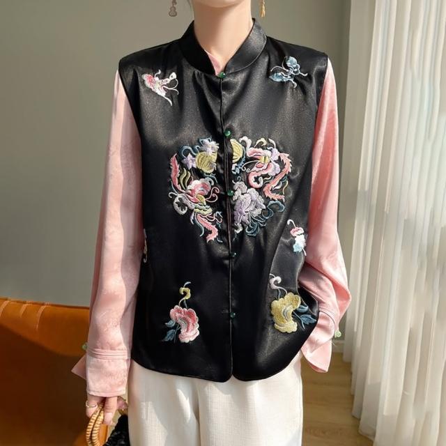 【巴黎精品】現貨+預購 新中式 唐裝背心緞面絲質外套(刺繡開衫無袖馬甲女外套a1iz35)