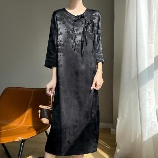 【巴黎精品】現貨+預購 絲質緞面旗袍長裙絲綢天絲新中式改良旗袍七分袖連身裙(復古盤扣女裙子2色a1iz31)
