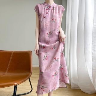 【巴黎精品】現貨+預購 絲質緞面旗袍長裙絲綢天絲新中式改良旗袍短袖連身裙(櫻桃印花女裙子3色a1iz18)