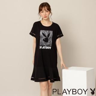 【PLAYBOY】不規則雪紡拼接露肩洋裝(黑色)