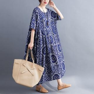 【LANNI 藍尼】★文藝印花大碼洋裝(長袖/連衣裙/連身裙)