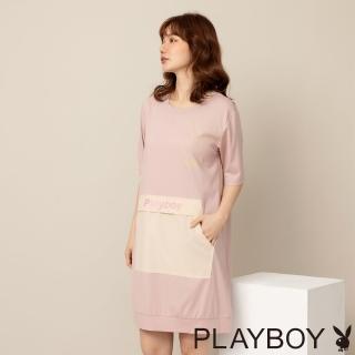 【PLAYBOY】寬鬆異材質撞色拼接洋裝(粉色)