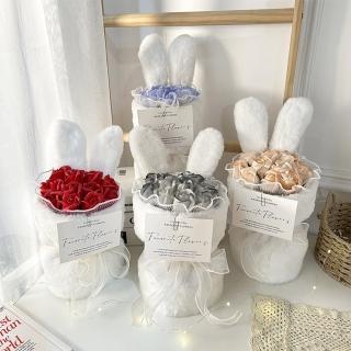 【Warm House Decor 暖和家居】可愛兔耳永生花束(11朵玫瑰香皂花 毛絨花束 玫瑰花束 香皂花 七夕告白禮物)