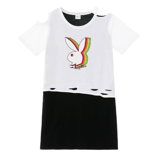 【PLAYBOY】露肩撞色字母印刷洋裝(白色)