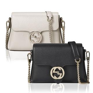 【GUCCI 古馳】607720 經典雙G LOGO荔枝紋牛皮淡金鍊迷你肩背/斜背郵差包(顏色任選)