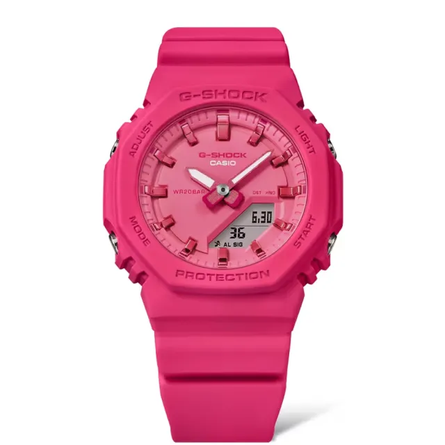 【CASIO 卡西歐】G-SHOCK 單色活力粉紅 八角雙顯手錶 -40.2mm粉紅(GMA-P2100PP-4A)