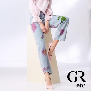 【GLORY21】網路獨賣款-etc.俏麗玫瑰印花修身單寧寬褲(藍色)