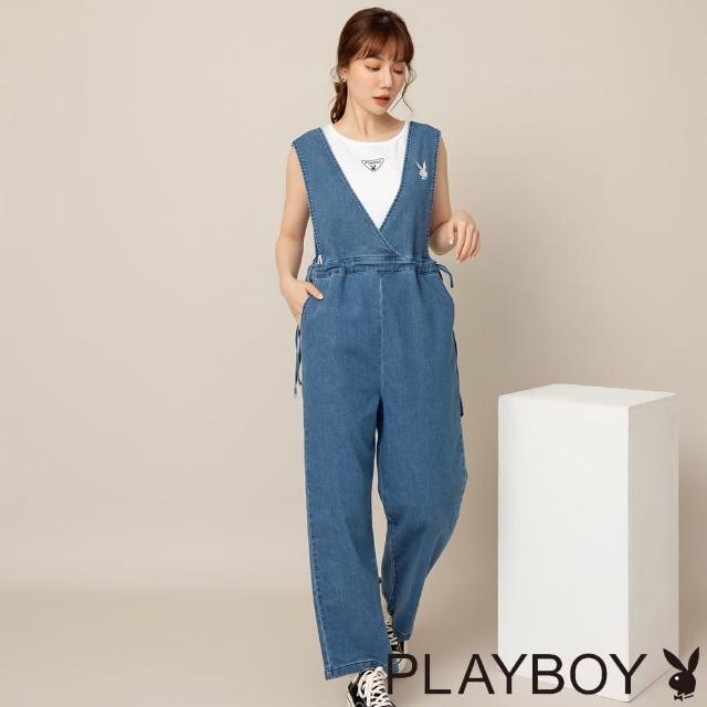 【PLAYBOY】V領綁帶連身直筒褲(牛仔藍色)